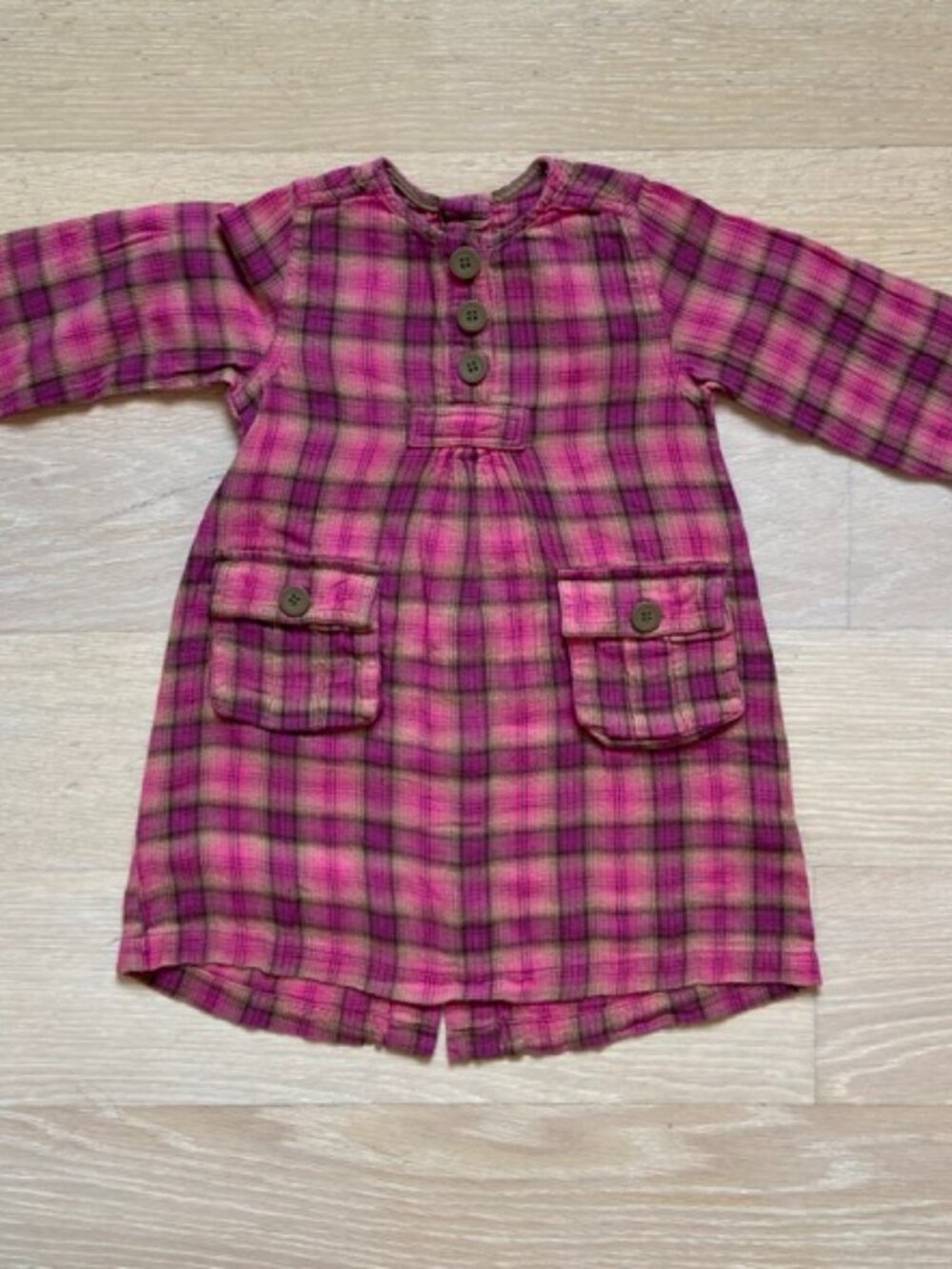 Petit Bateau, Toddler Dress, 2T, Pink Tan Plaid, Bib front with engraved buttons